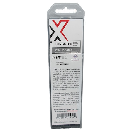 Xtrweld 2% Ceriated Tungsten Electrode, 1/16, Gray, 10 Piece, 7 Inch L WTCER2062